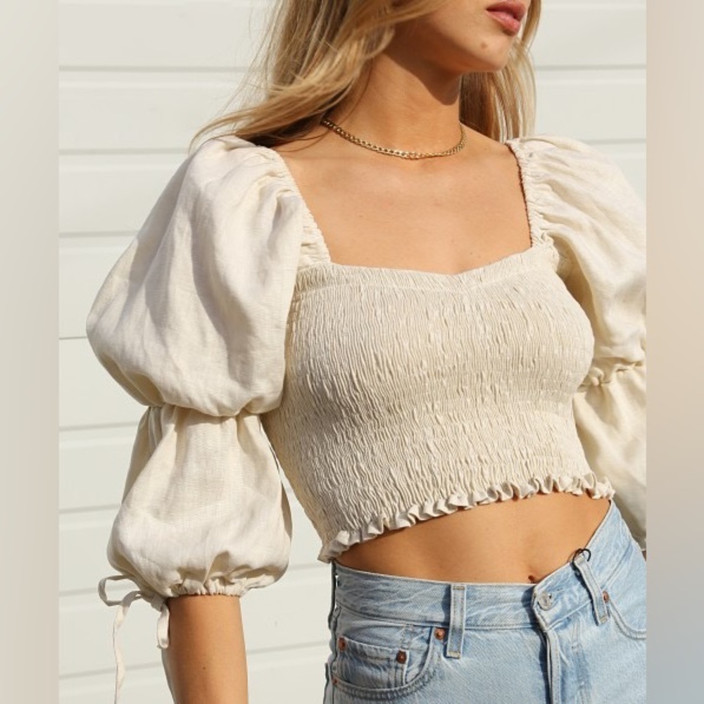 Faithfull The Brand Harlyn Smocked Linen Peasant Crop Top Bohemian Boho Romantic